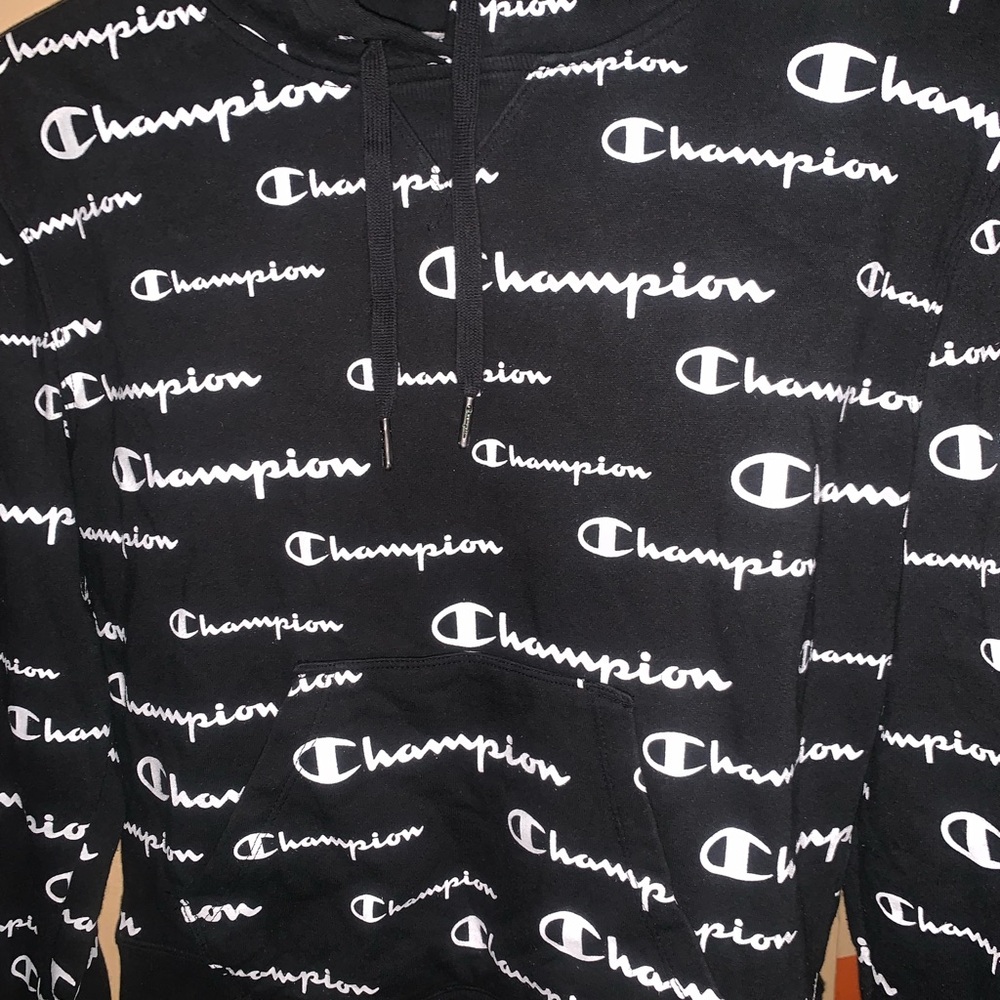 SOLD” Champion Black Hoodie with Logo Print